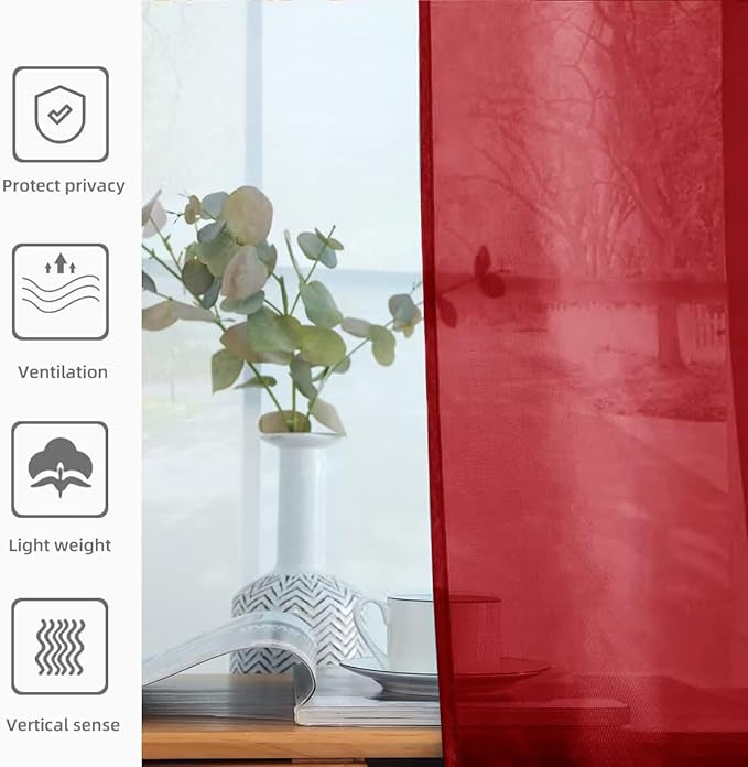 youleyar Solid Sheer Rod Pocket Curtain Voile Draperies 2 Panels White Beige Black Grey Ivory 52 Inch Width 96 Inch Long 1 Pair for Kitchen Bedroom Children Living Room Yard (Christmas Red,52Wｘ96L)