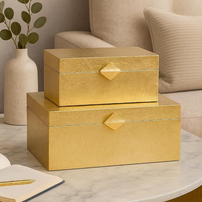 Vintiquewise Set of 2 Decorative Wooden Storage Boxes with Gold Accent – Boxes for Keys, Jewelry, Makeup, Accessories, Crafts, Gadgets, Home Office, Living Room, Bedroom & Entryway Décor, Gold