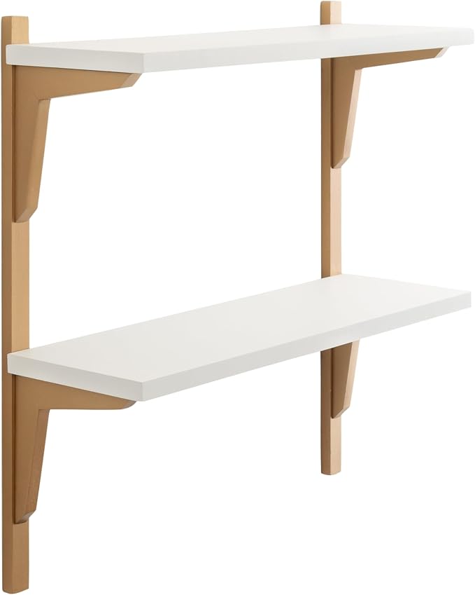 Kate and Laurel Meridien Modern Two-Tier Wooden Shelves, 24 x 8 x 24, White and Gold, Stunning Tiered Wall Shelf for Storage and Display as Cute Nursery Shelving or Bedroom Storage