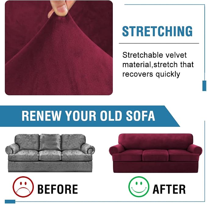 H.VERSAILTEX Sofa Cover 4 Piece T Cushion Sofa Slipcovers Thick Velvet Couch Cover Furniture Protector Stretch T Cushion Sofa Covers for 3 Cushion Couch with 3 Individual T Cushion Covers, Burgundy