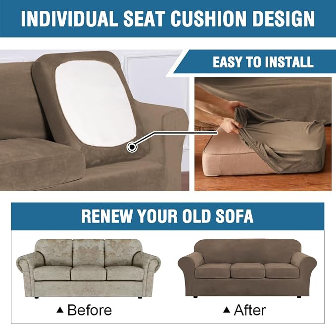 H.VERSAILTEX Rich Velvet Stretch 2 Piece Cover Chair Slipcover Sofa Cover Furniture Protector Couch Soft with Elastic Bottom Chair Couch Cover Width Up to 49 Inch (Chair, Mocha)