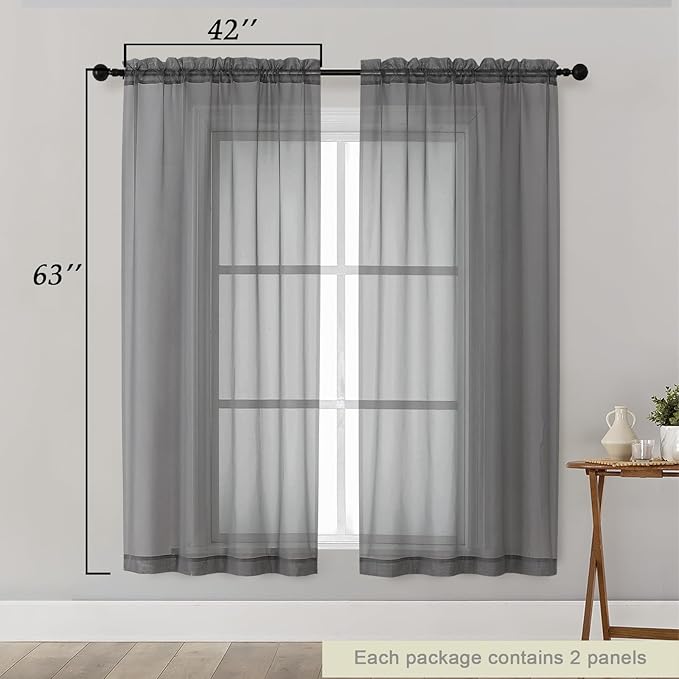 Sheer Grey Curtains for Bedroom Living Room 63 Inch Length 2 Panels, Airy Soft - Image 2