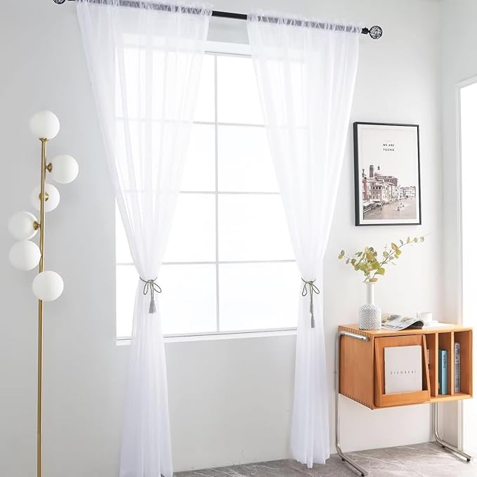 Youleyar Solid Sheer Rod Pocket Curtain Voile Draperies 4 Panels White Beige - Image 2