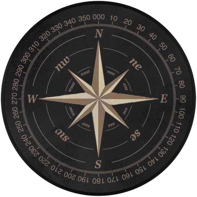 Compass Rose Round Area Rug, Artwork Black Non-Slip Circle Rug for Bedroom Living Room Outdoor Study Playing Floor Mat Carpet, 3' Diameter