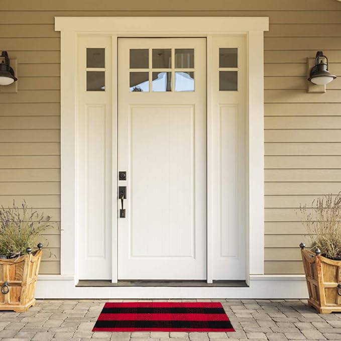 uxcell Buffalo Check Rug,Plaid Outdoor Rug,Layered Door Mat,Cotton Gingham Rugs,Floor Mat for Front Porch/Runner/Bedroom/Kitchen/Farmhouse 28"x18" Red & Black