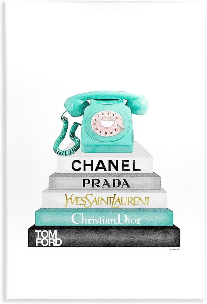 The Stupell Home Decor Grey Black Fashion Bookstack with Teal Phone Wall Plaque Art, 13 x 19, Multi-Color