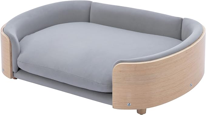 Hayaz Dog Bed Pet Sofa, House Dog Cat Bed, Large Size Pet Bed with Solid Wood Frame & Washable Velvet Cushion, Modern Pet Furniture for Cats and Small to Medium Dogs, Light Gray+Natural