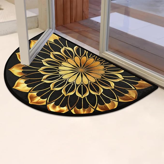 Mandala Golden Half Round Door Mat Semi Moon Rug Fireplace Carpet Area Rugs | Mandala Golden Non Slip Absorbent Half Circle Mat Carpet for Indoor Outdoor Patio Kitchen Bathroom Entryway Home Decor