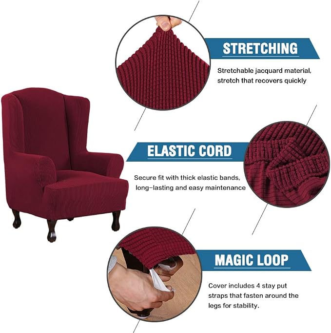 H.VERSAILTEX Wing Chair Slipcover Chair Covers for Wingback Chairs Wingback Chair Covers Slipcovers 1 Piece Stretch Sofa Cover Furniture Protector Soft Spandex Jacquard Checked Pattern, Burgundy Red