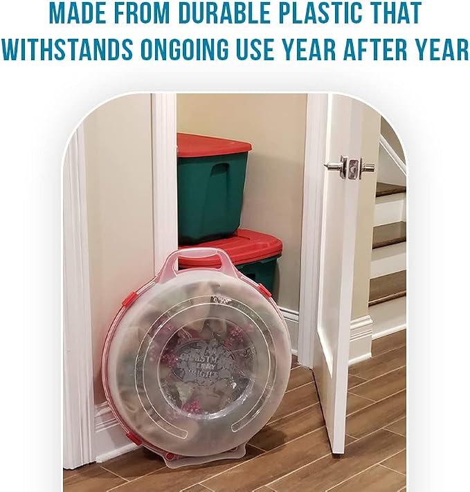 HOMZ Set of 3 Holiday Wreath Plastic Storage Containers, Holds Up to 24” Diameter, Secure Latching Lid and Easy Grip Handle, Stackable and Nestable, Red/Clear | Stackable Seasonal Decoration Organizer Bins with Lids and Handles for Christmas Wreaths an...