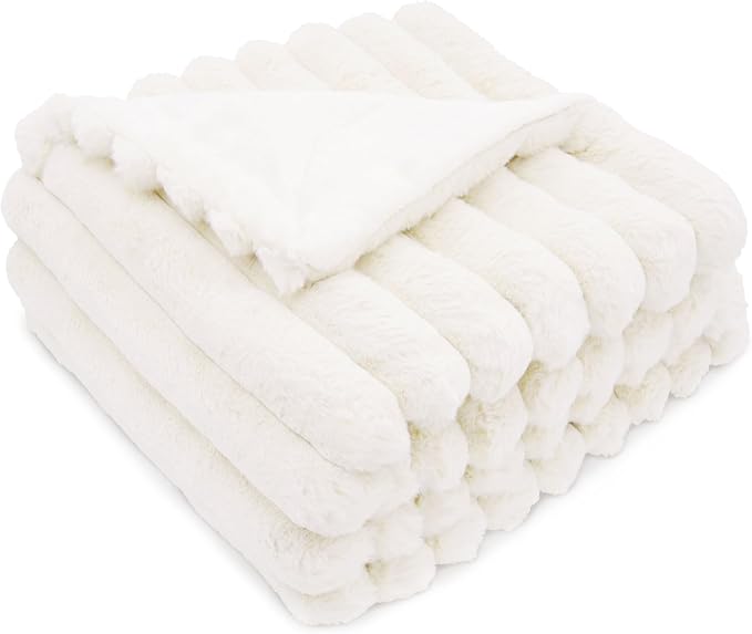 DEZ FURNISHINGS Luxury Reversible Textured Stripe Faux Fur & Velvet Throw Blanket, Throw XL (50" x 70"), White