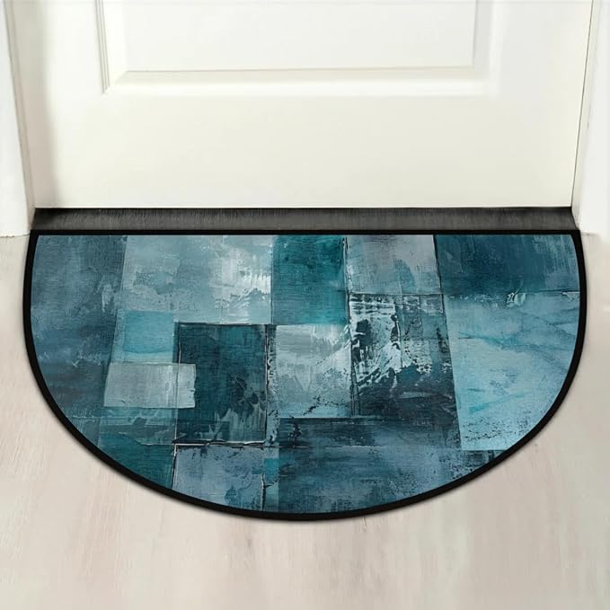 Pardick Half Round Door Mat Turquoise Grey Abstract Anti-Slip Semi Circle Rug 24X36 Indoor Door Mat Half Moon Bath Mat, Washable Decorative Floor Mat for Kitchen Bathroom Hearth Fireplace