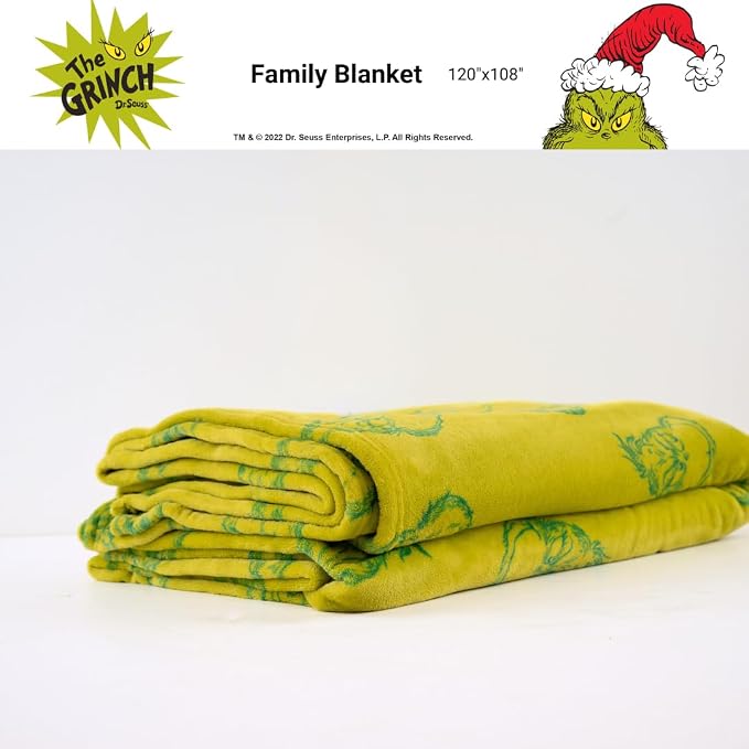Dr. Seuss The Grinch Holiday Christmas Bedding Super Cozy Oversized Family Size Blanket, 120 in x 108 in, (Officially Licensed Product) By Franco Collectibles