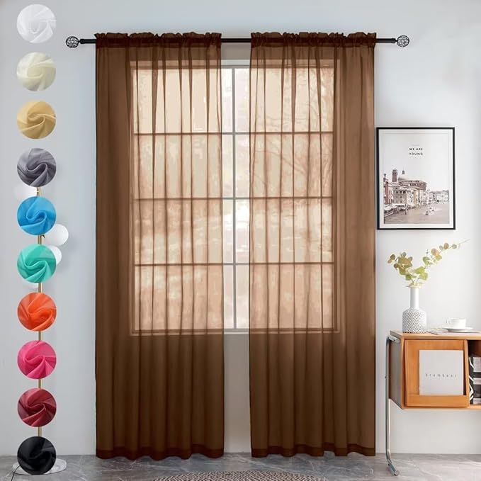 youleyar Solid Sheer Rod Pocket Curtain Voile Draperies 2 Panels White Beige Black Grey Coffee 52 Inch Width 63 Inch Long 1 Pair for Kitchen Bedroom Children Living Room Yard (Brown,52Wｘ63L)