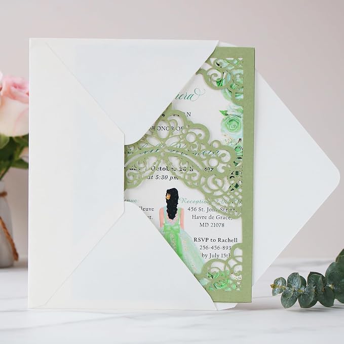 Hosmsua 50PCS Personalized Sage Green Quinceanera Invitations Kit 5.1x7.3 Inch Laser Cut Floral Crown Pocket Quince Invitation Cards with Envelopes for Birthday Bridal Shower