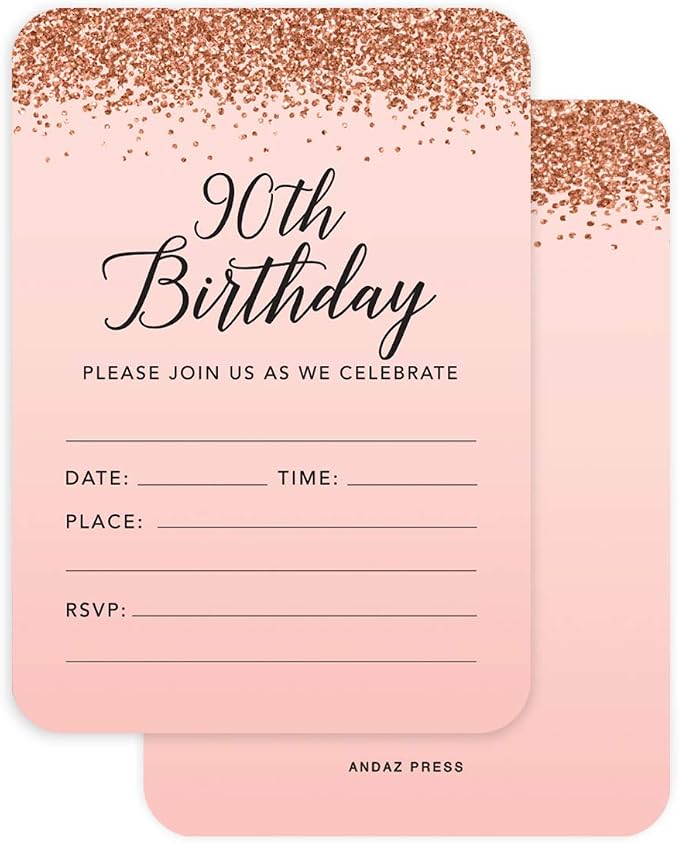 Andaz Press 24 Pack Blush Pink Rose Gold 90th Birthday Invitations For Women, 5x7 Inch 90th Birthday Party Invitations With Envelopes, 90 Year Old Party Invites For Women