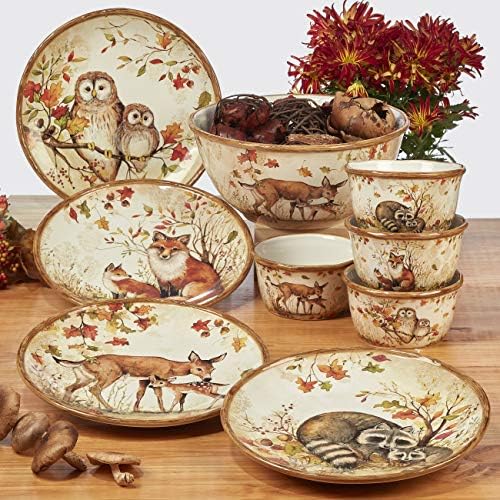 Pine Forest 10.5" Ceramic Dinner Plates, Set of 4 – Autumn Woodland Wildlife Plates with Deer, Fox, Owl & Raccoon – Great for Fall Entertaining, Thanksgiving, Rustic Table Décor - Image 6