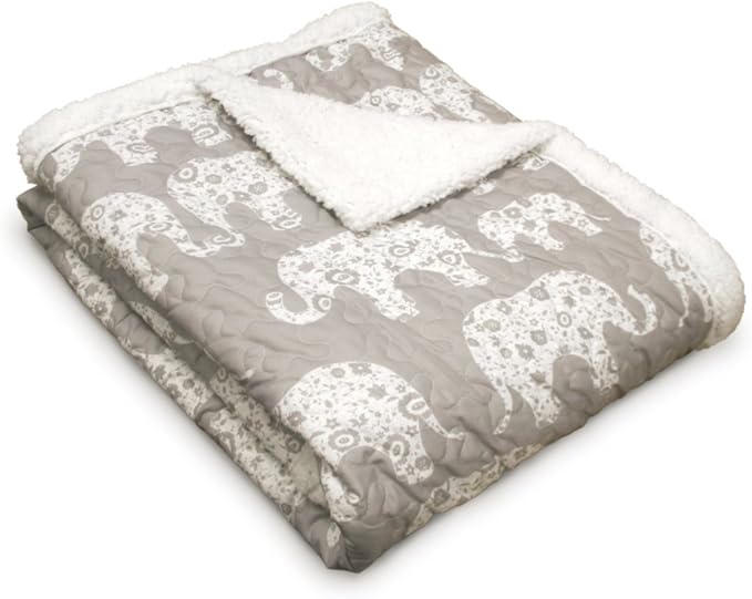 Lush Decor Elephant Parade Sherpa Throw Blanket 50" W x 60" L, Soft Gray - Elephant Blanket for Kids - Plush Throw Blankets for Bed - Couch Blankets