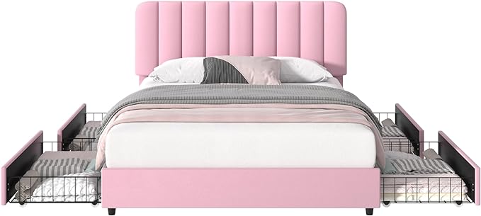 VECELO Queen Size Upholstered Bed Frame with 4 Drawers and Headboard, Velvet Platform Storage Bedframe, Wooden Slats Support, No Box Spring Needed,Pink
