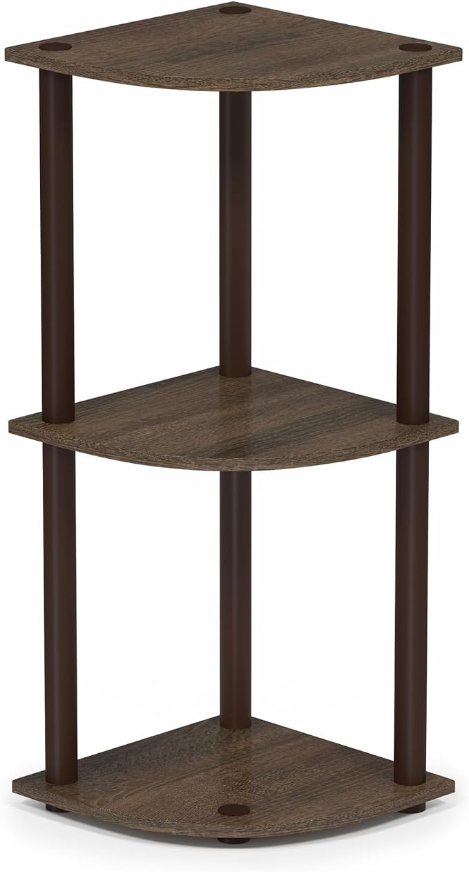 Furinno Turn-N-Tube Toolless Assembly 3-Tier Corner Shelf, Black Corner Book Shelf, Open Shelves Bookshelf, for Organization and Storage, Living Room, Home Office, Bedroom, Black Walnut