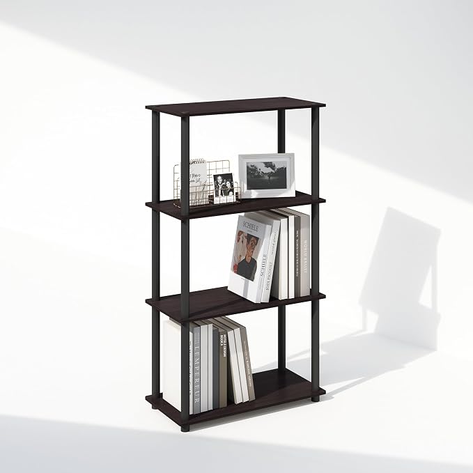 Furinno Turn-N-Tube Book Shelf, 4-Tier Bookshelf, Bookcase with Multipurpose Compact Display Rack, 11.6 x 23.6 x 43.2, for Living Room, Bedroom, Home Office, Dark Walnut