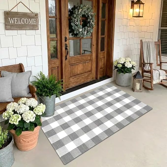 Buffalo Plaid Rug 3' x 5' Grey and White Front Door Mat Reversible Layered Porch Rug Washable Hand Woven Cotton Area Rug for Indoor Outdoor Entryway Patio Porch Decor
