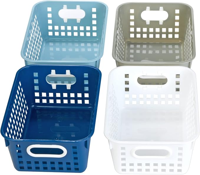 Really Good Stuff Medium Plastic Book Baskets, 11" x 7.5" x 4.5", 4-Pack | Cool & Calm Group Colors, Versatile Storage Solution for Classroom, Home, & Office, Storage, Multi-Purpose