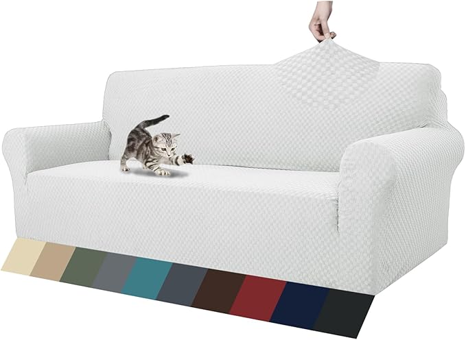 ZNSAYOTX 1 Piece Jacquard Couch Covers for 3 Cushion Couch Living Room High Stretch Sofa Cover Pets Dogs Friendly Anti Slip Thickened Slipcovers Furniture Protector (Large, White)