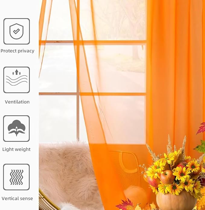 youleyar Solid Sheer Rod Pocket Curtain Voile Draperies 2 Panels White Beige Orange Grey Coffee 60 Inch Width 72 Inch Long 1 Pair for Kitchen Bedroom Children Living Room Yard(Orange,60Wｘ72L)
