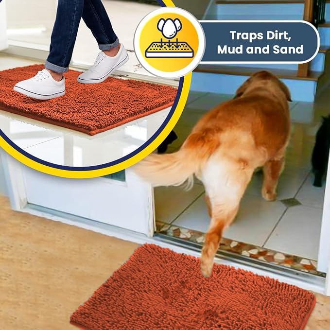 Muddy Mat® | Super Water Absorbent Door Mat Indoor, Microfiber Quick Dry Chenille Entryway Rug, Slip Resistant Front Door Mat, Indoor Mats for Entryway, Machine Washable Pet Rug, Coral 3ft x 3ft