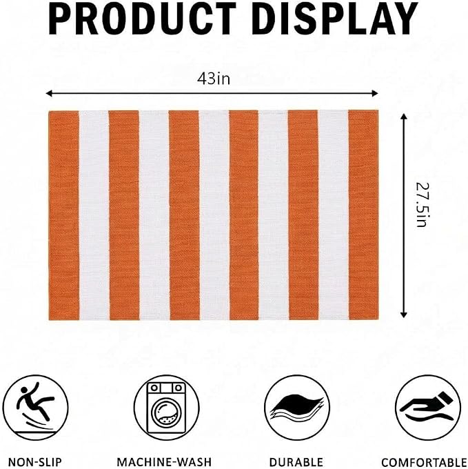 Striped Outdoor Rug 27.5x43 Orange and White Front Door Mat, Halloween Layering Rug for Porch, Washable Doormat, Cotton Area Rug for Outdoor Entrance Entryway Patio Porch Decor