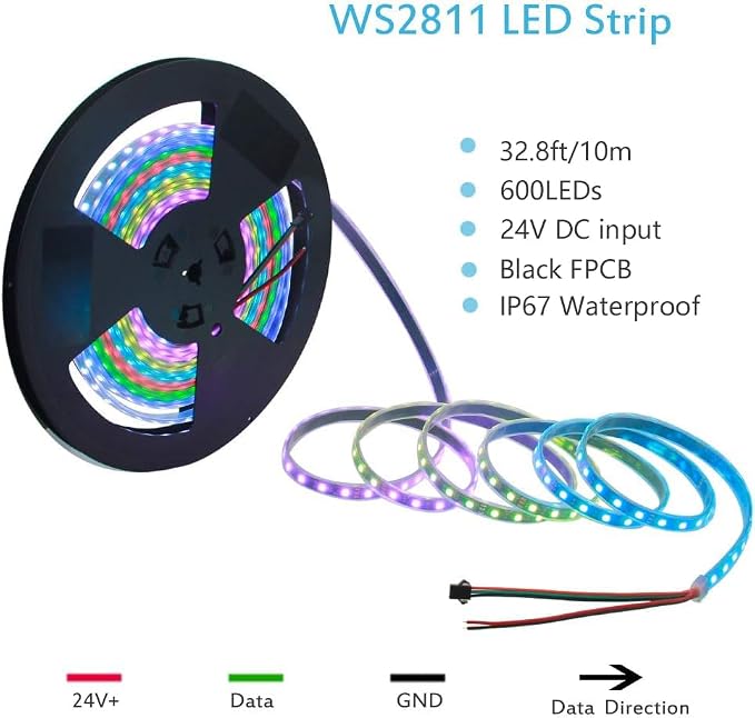 ALITOVE 32.8ft WS2811 Addressable RGB LED Strip Light 24V 5050 SMD IP67 | Waterproof Color Changing 24 Volt LED Light Strip, Programmable Cuttable LED Pixel Strip, for DIY Project, No Adapter
