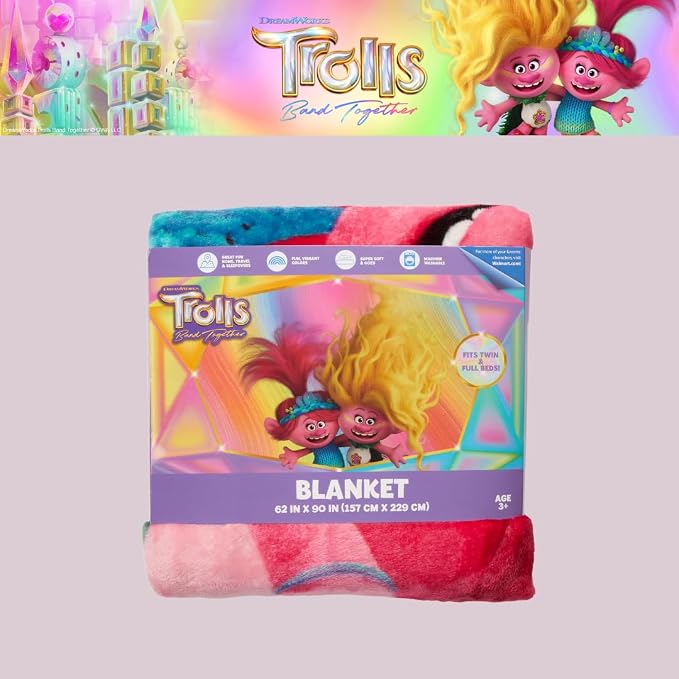 DreamWorks Trolls 3 Band Together Movie Kids Bedding Super Soft Plush Throw Blanket, 62 in x 90 in, (Officially Licensed Product), By Franco