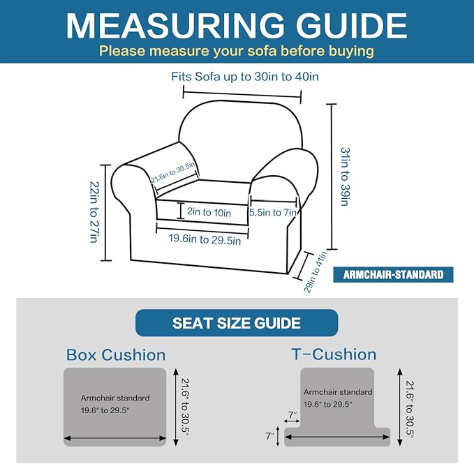 H.VERSAILTEX Stretch Armchair Cover 2 Piece Chair Covers for Living Room Furniture Cover Suit for T Cushion/Box Cushion, Spandex Jacquard Fabric Small Checks(Armchair-Standard, Natural)