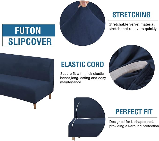 H.VERSAILTEX Real Velvet Futon Cover Armless Sofa Covers Sofa Bed Covers Stretch Futon Couch Cover Sofa Slipcover Furniture Protector Thick Soft Velvet Fabric Form Fitted Stay in Place, Navy