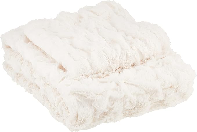 Comfort Spaces Ruched Throw Set Faux Fur Blanket, 50 x 60, 3 Piece, Ivory | Ultra Soft, Cozy Warmth for Sofa or Bed, Plush, OEKO-TEX Certified