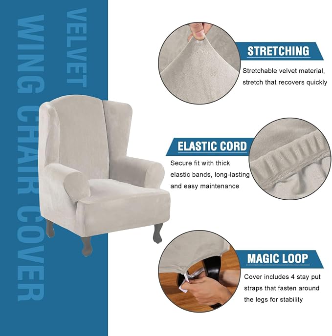 H.VERSAILTEX Wingback Chair Covers Velvet Plush Wing Chair Slipcover 1 Piece High Stretch Wing Back Chair Slipcovers Sofa Cover Furniture Cover with Elastic Bottom, Oatmeal