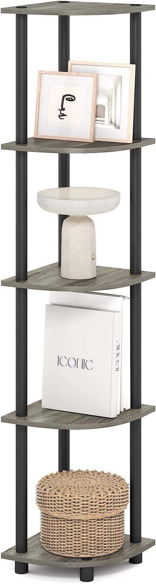 Furinno Turn-N-Tube Corner Shelf, 5-Tier Corner Bookshelf, Open Storage Shelves, for Organization and Storage, Living Room, Home Office, Garage, Bedroom, Grey Oak
