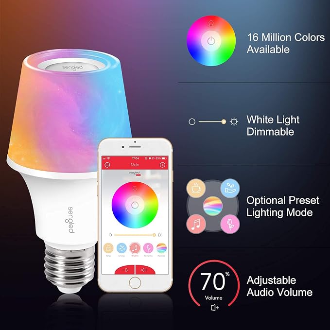 Sengled Solo RGBW Bluetooth Light Bulb Speaker Multi Color Changing LED Light Bulb 60W Equivalent Dimmable App Controlled E26 Smart Music Bulb, Compatible with Alexa via Bluetooth Connection