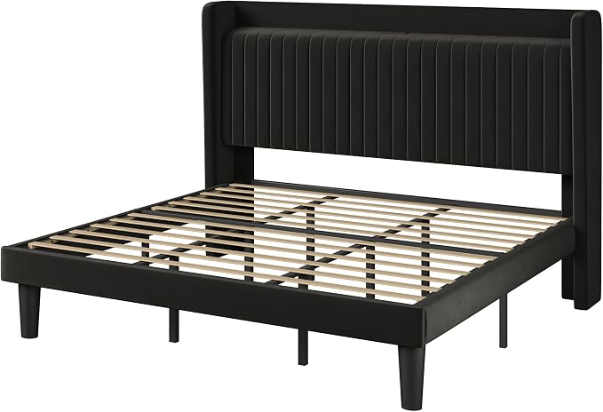 Allewie King Size Platform Bed Frame with USB Charging Station and Storage Shelf/Upholstered Velvet Wingback Headboard/Wooden Slats Support/No Box Spring Needed/Easy Assembly, Black