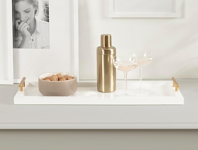 Kate and Laurel Halsey Rectangle Decorative Narrow Tray with Gold Metal Handles; 24 x 10; White and Gold; Modern Glam Slim Serving Tray with Handles for Living Room Decor