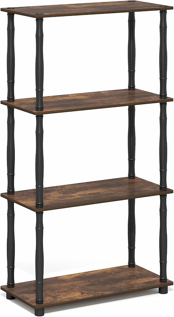 Furinno Turn-N-Tube Storage Shelves, 4-Tier Open Frame Book Shelf, Standing Corner Shelf, Toolless Open Shelves, Classic Tubes, for Organization and Storage, Living Room, Home Office, Amber Pine