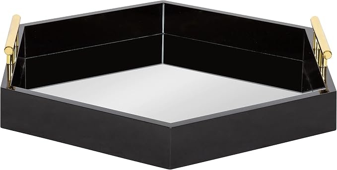 Kate and Laurel Lipton Modern Hexagon Mirrored Tray; 18 x 18; Black and Gold; Midcentury Decorative Serving Tray for Storage and Display