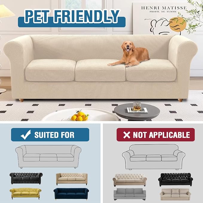 H.VERSAILTEX 4 Piece Stretch Chesterfield Sofa Covers for 3 Cushion Couch Mid Century Deep Seat Sofa Covers (Base Cover Plus 3 Seat Cushion Covers) Thicker Jacquard Fabric (Large Sofa, Natural)