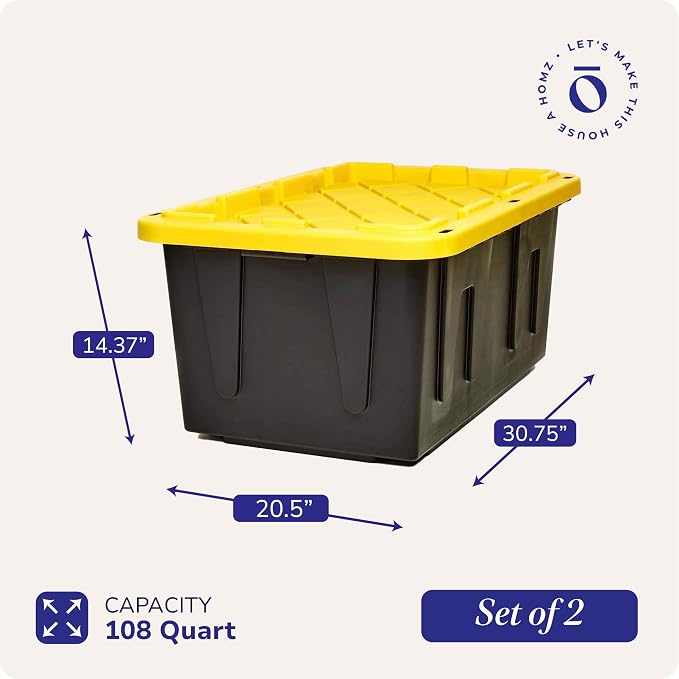 HOMZ Durabilt Heavy Duty Storage Container | 27 Gallon | Flip Lid & Stackable | Durable Tote | Black Base with Yellow Lid, 2 Pack | Heavy-Duty Large Stackable Container Boxes for Home, Attic, and Garage Organization