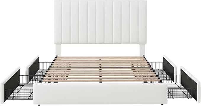 Allewie Queen Size Storage Bed Frame, Vertical Channel Tufted Adjustable Headboard, Velvet Upholstered Platform Bed with 4 Oversized Underbed Drawers, Wooden Slats Support, No Box Spring Needed, White