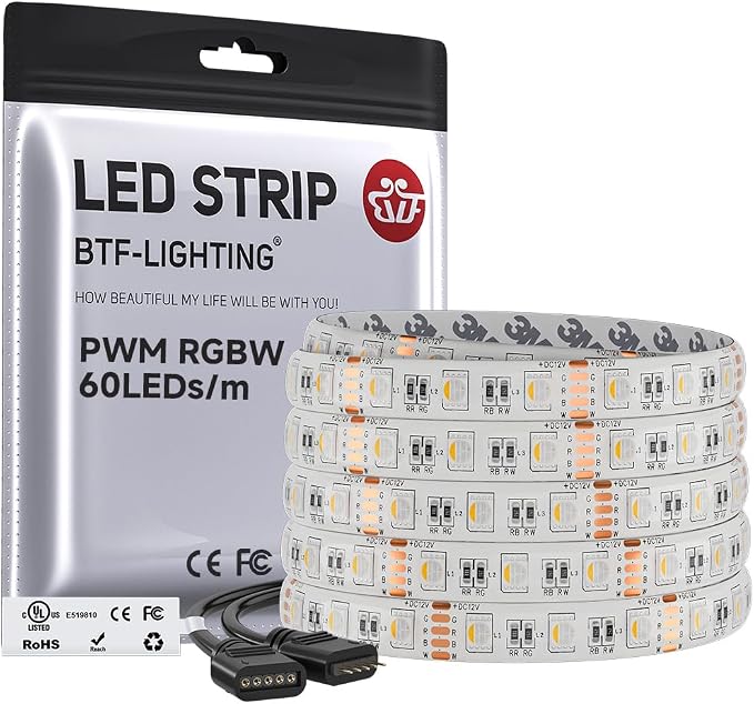 BTF-LIGHTING RGBW LED Strip Lights,UL Listed,5050 4 Colors in 1 RGB + 2700K-3000K Warm White,12V DC,16.4ft/5m 60LEDs/m 12mm White PCB, IP65 Waterproof for Home Decoration(No Adapter or Controller)