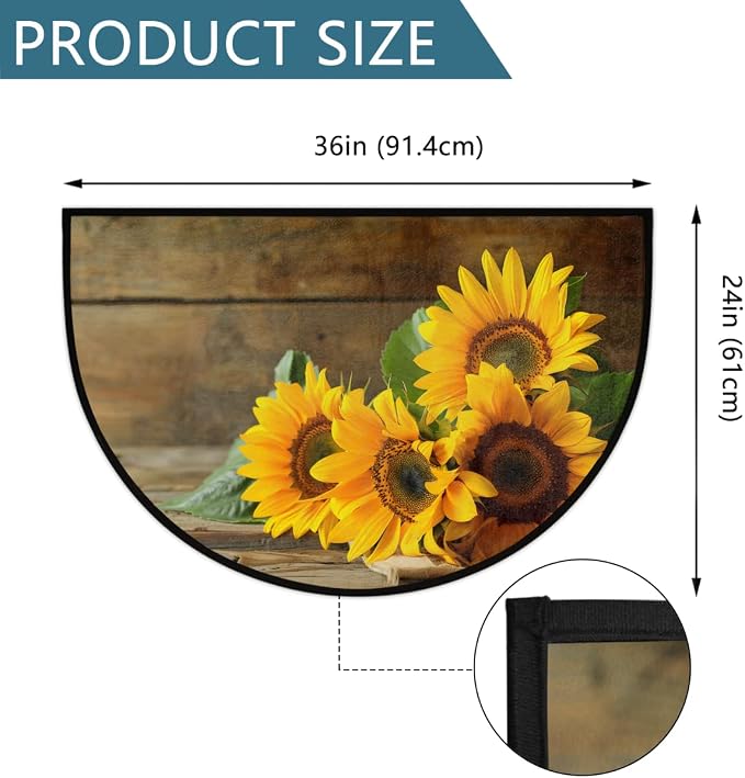 cfpolar Half Round Door Mat Wood Sunflower Flower Floral Non-Slip Semi Circle Area Rug Washable Half Moon Hearth Rugs for Indoor Outdoor Bathroom Kitchen Patio Runner Mat Laundry Room Home Decoration