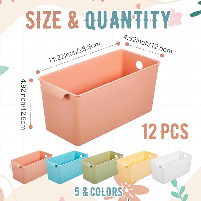 Mumufy 12 Pcs Book Bins for Easy Access Storage Basket Sturdy Book Storage Containers and Organization for Home Use, 11.2 x 5 x 5 Inch, 5 Colors