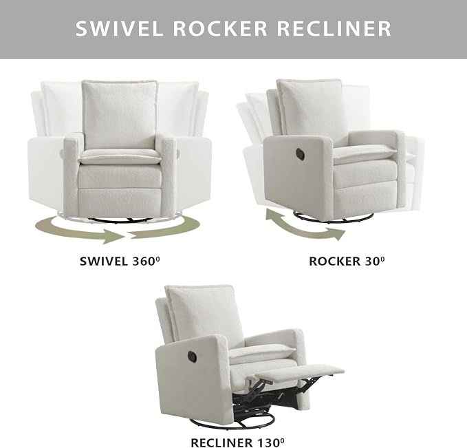Oxford Baby Uptown Upholstered Glider Recliner Rocking Chair 360° Swivel for Nursery and Living Room - Boucle White, Green Guard Gold Certified